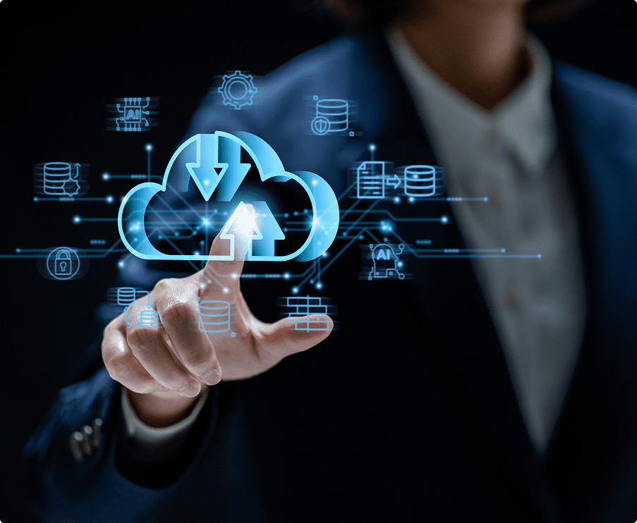 Rectangle 1715 A man in a suit is touching an image of the cloud.